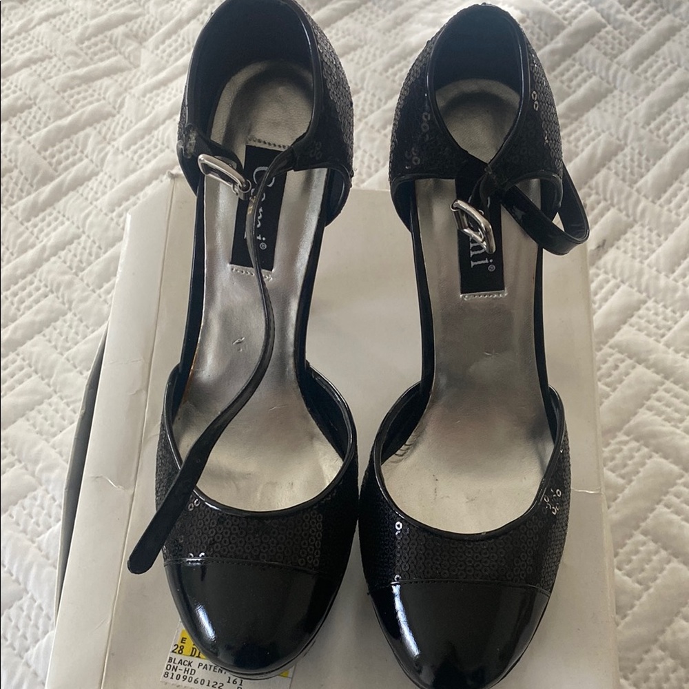 Cami NYC Black Patent Leather Heels with Ankle Strap